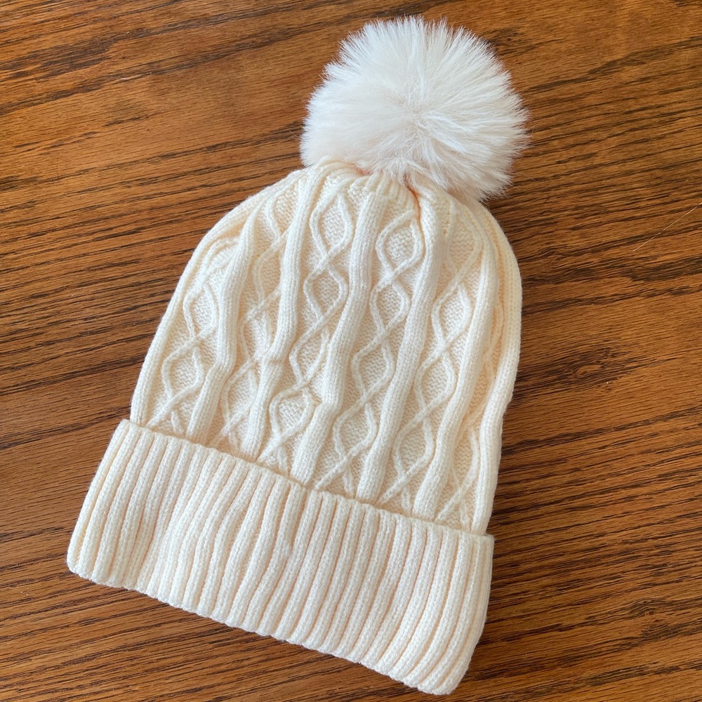 Cream Cable Knit Beanie with Pom Pom